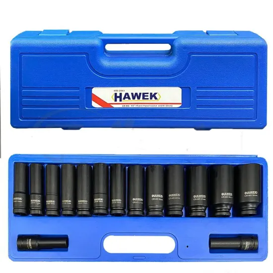 УДАРНИ ВЛОЖКИ 1/2″ УДЪЛЖЕНИ 6-СТЕННИ(10 – 32 ММ) 15 ЧАСТИ HAWEK