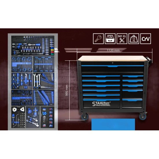 ПРОФЕСИОНАЛЕН ШКАФ С ИНСТРУМЕНТИ С 12 ЧЕКМЕДЖЕДА 501 ЧАСТИ STAHLMAYER JUMBO XXL